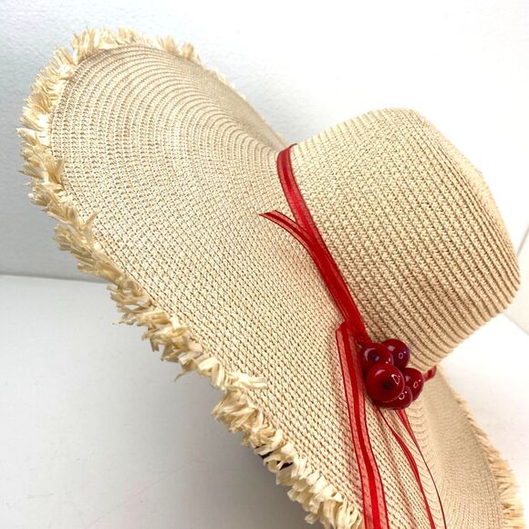 Wide Brim Straw Grass Woven Sun Hat with Cherries Womans Beach Boho Peasant - Picture 4 of 13